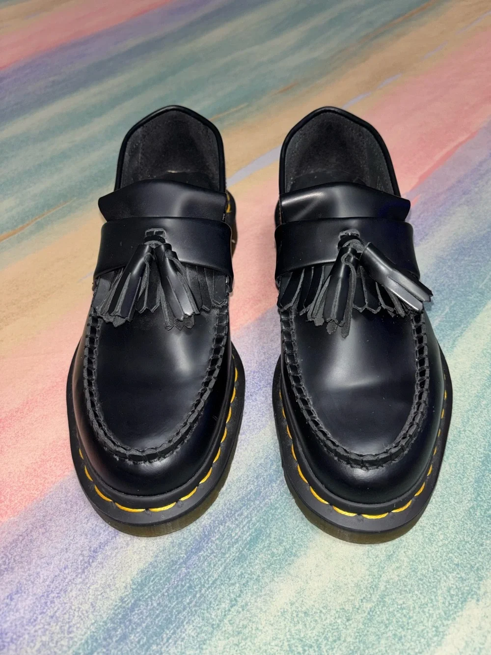 Dr. Martens Adrian Yellow Stitch Black Leather Tassel Loafers Women’s US 6